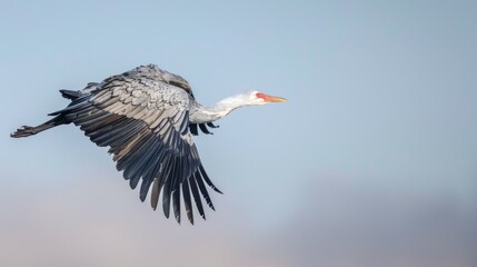 Fototapeta premium Dynamic shot of Caladrius taking flight, feathers detailed and vibrant, against a clear, light blue sky