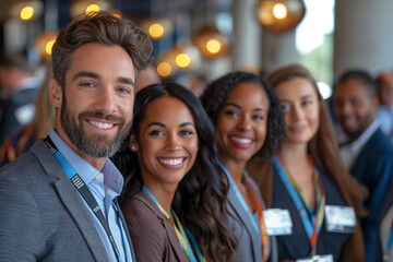 Fototapeta premium Smiling diverse professionals at a networking event. Captures joy, cooperation in a business setting, ideal for corporate and cultural publications