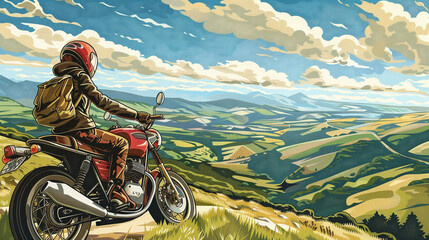 Illustrate the sense of adventure and discovery as she explores scenic backroads, charming small towns, and picturesque countryside on her motorcycle journey.