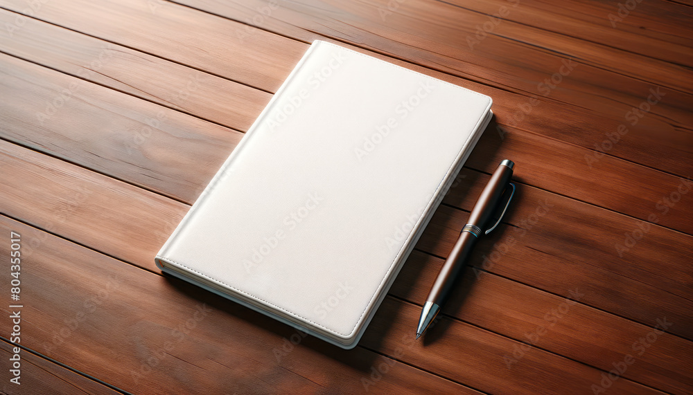 Poster blank notebook and pen on a wooden table, ideal for branding presentation, clean and modern design. 