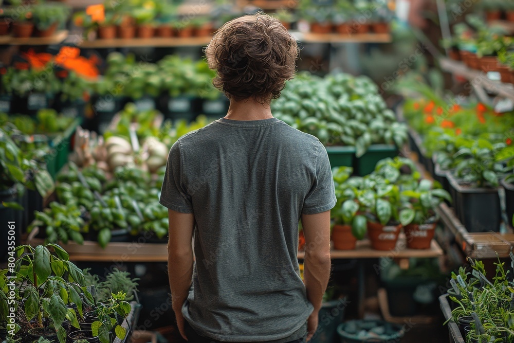 Poster back perspective of a man contemplating an array of green plants in a nursery setting