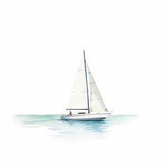 A small sailboat with a white sail glides across the calm blue sea