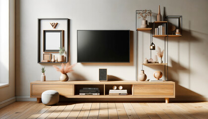 A modern living room setup with a blank TV screen and decorative items on wooden furniture, against a light wall, concept of interior design. Generative AI
