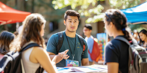 Mental health awareness campaign booth at a college campus, with volunteers handing out informational brochures and talking to students.