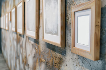 the gallery's side view reveals a neat row of small to medium-sized wooden frames, each with a white center, placed against a wall with an industrial concrete finish exhibit exhibit