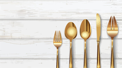 Board with golden cutlery on white wooden background