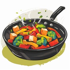 A cartoon image of a frying pan full of colorful vegetables and tofu.