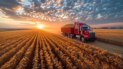 Fototapeta premium Cargo truck full of wheat on the road in a ripe wheat field with sunset