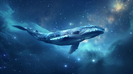 Ethereal Leviathan gliding through starlit underwater scenery, minimal stars and deep blue background for a dreamy look