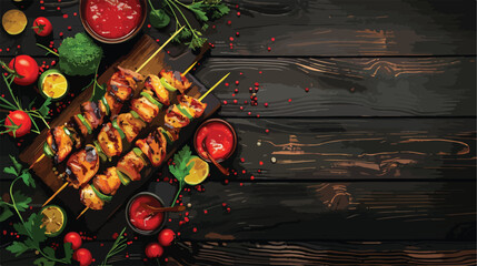 Board with grilled chicken wings skewers and vegetable