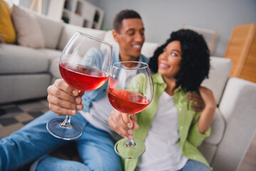 Photo of nice young man girl sit floor celebrate anniversary date drink wine modern interior indoors cozy daylight apartment living room