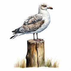 Obraz premium A watercolor painting of a seagull standing on a wooden post
