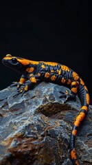 Fire salamander basking on a warm rock, vibrant orange markings glowing, against a clean, black background
