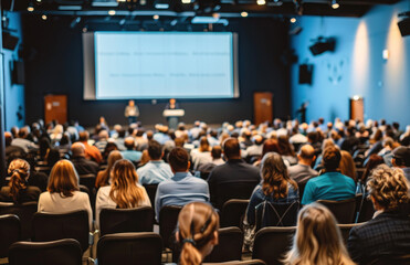 an audience from the front and side views, with people sitting in chairs watching someone on stage...