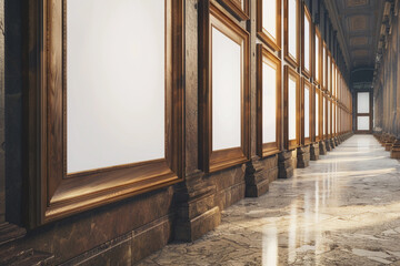 an grand gallery hallway lined with elegant wooden mockup frames, each containing a white empty space