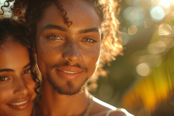 Fototapeta premium A young couple shares a warm moment with sun backlighting, creating a soft and intimate portrait