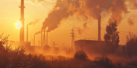 Obraz premium Scenic landscape with steaming factory chimneys in sunrise light in foggy morning. Industrial landscape with smokestack at sunset.