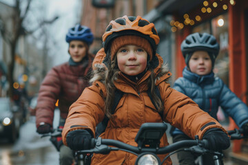Urban Family Bike Ride - Active Family Outing: A family with children biking through city streets, dressed in sporty and practical clothing, enjoying an active family outing.