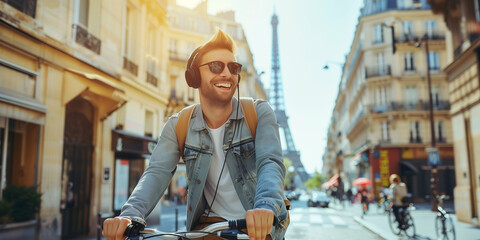 Cheerful young man listening to music in his headphones while riding his bicycle on the street of Paris, with Eiffel tower in a background.
