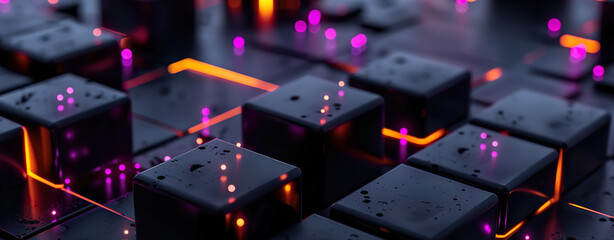 Dark background, black cubes with orange and purple lights on the sides arranged in an abstract pattern. 