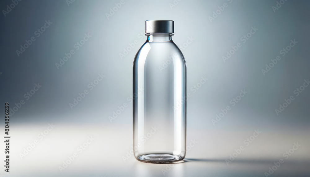 Poster a transparent glass bottle with a metal cap on a gradient background, ideal for branding and product