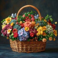 A wicker basket full of colorful flowers including yellow sunflowers, purple statice, red roses, orange lilies, pink carnations, and blue delphiniums.