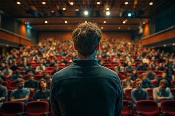 Speaker at conference presenting to an attentive audience. Illustrates public speaking and engagement, ideal for educational and corporate use - Powered by Adobe