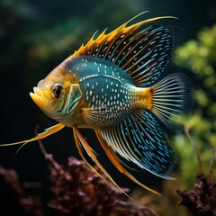 A vivid portrait of a Discus fish, featuring its spectacular colors and patterns, gracefully swimming in a lush aquarium setting.