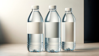 Three water bottles with blank labels on a wooden surface against a light background, ideal for branding mockups. Generative AI