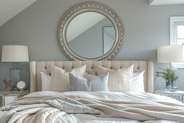 A statement mirror reflecting light and space in a small bedroom.