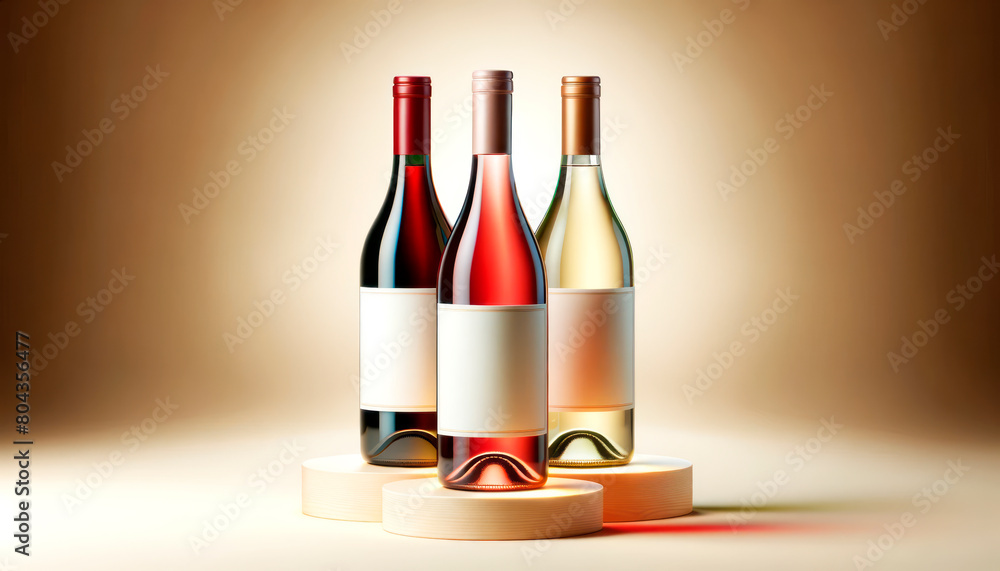 Poster three wine bottles with blank labels on wooden pedestals, against a soft gradient background, ideal 