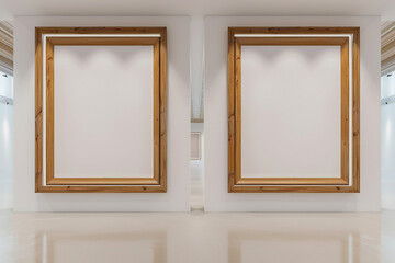 an minimalist gallery space with high ceilings, where two large wooden mockup frames are mounted side by side on a pristine wall