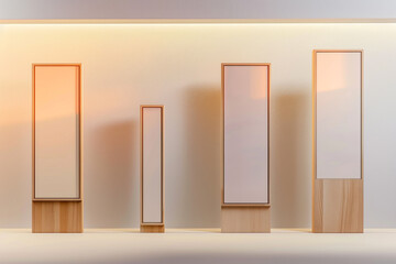 the modern gallery setting, where four slender wooden frames of varying heights are displayed against a wall with a gradient from white to gray exhibit exhibit