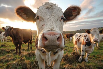 Sunrise behind a herd of cows grazing on a field, with a close focus on a freckled cow's face