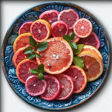 A blue and white patterned plate of sliced citrus fruit.