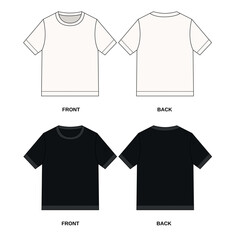 Set of vector illustrations of short sleeve top front and back view. Contour sketch of shortened t-shirt with round neck. Template of jersey shirt in sporty style, white and black colors.