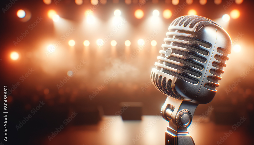 Poster close-up of a vintage microphone with a bokeh effect stage lighting background, concept of live perf
