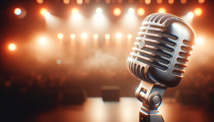 Close-up of a vintage microphone with a bokeh effect stage lighting background, concept of live performance. Generative AI
