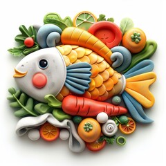 A cute and colorful illustration of a fish made of clay surrounded by fruits and vegetables.