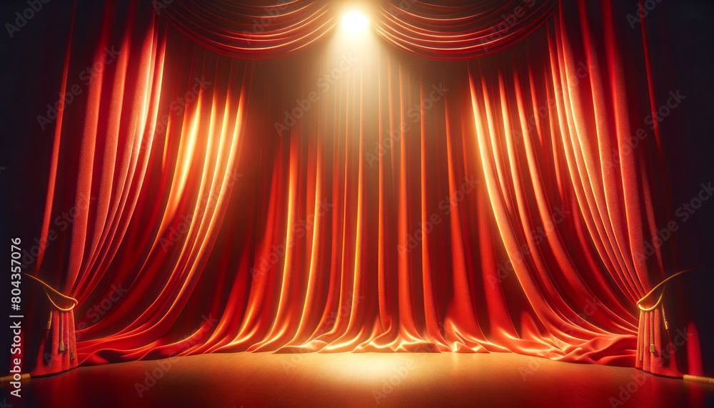 Poster red theater curtains illuminated by spotlight on a dark stage, concept of performance and announceme