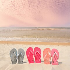 Colorful flip flops sandals on an empty sandy beach by the shore
