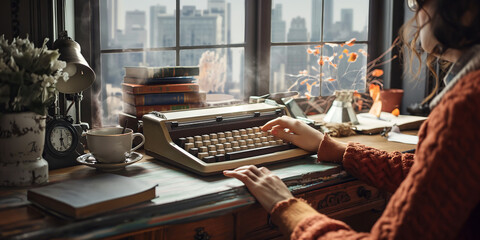Writer in a vintage-inspired home office, typing on a classic keyboard, with a cup of coffee and a stack of books, the window revealing a cityscape view.