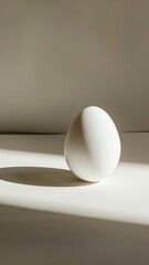 An egg in front of a beige background.