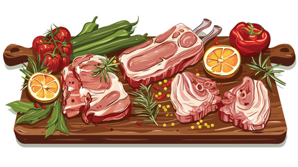 Board with raw pork meat spices and vegetables on white background 
