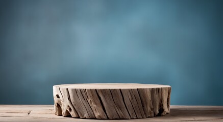 a wooden podium on a table with blue background