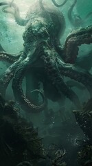 Kraken as a guardian of an underwater city, majestic and powerful, against a clean, mystical green backdrop