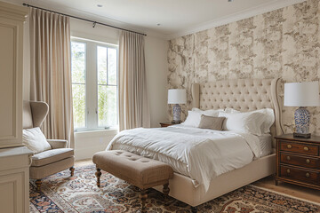A statement wallpaper accent wall adding personality to a neutral bedroom.