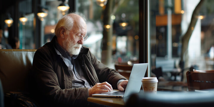 Retired professional sitting in a modern cafe, deeply engrossed in writing his blog on a sleek laptop, with a cup of artisan coffee by his side.