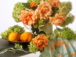 roses still life with peaches