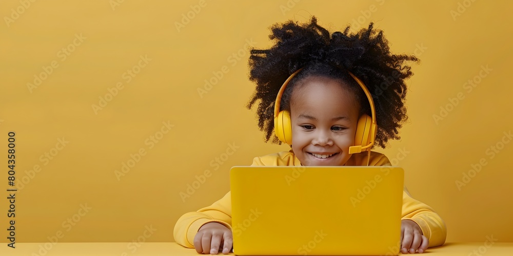 Poster young girl exploring digital literacy and coding with laptop in bright learning environment